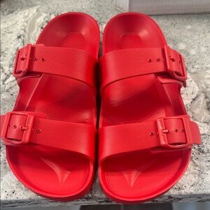 NEW Bright Red Double-Buckle Slide Sandals